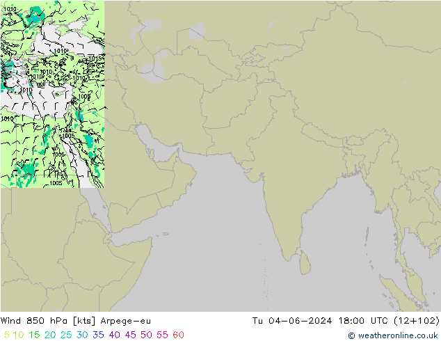 Wind 850 hPa Arpege-eu Tu 04.06.2024 18 UTC