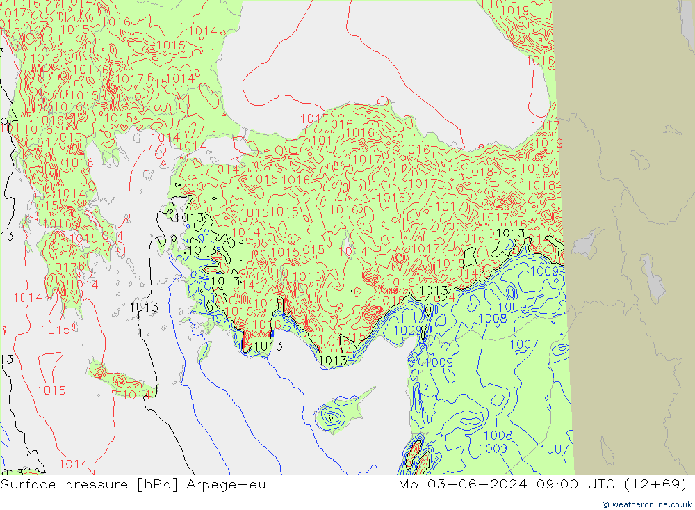 Pressione al suolo Arpege-eu lun 03.06.2024 09 UTC