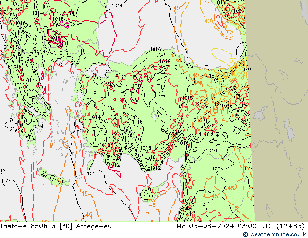 Theta-e 850hPa Arpege-eu ma 03.06.2024 03 UTC