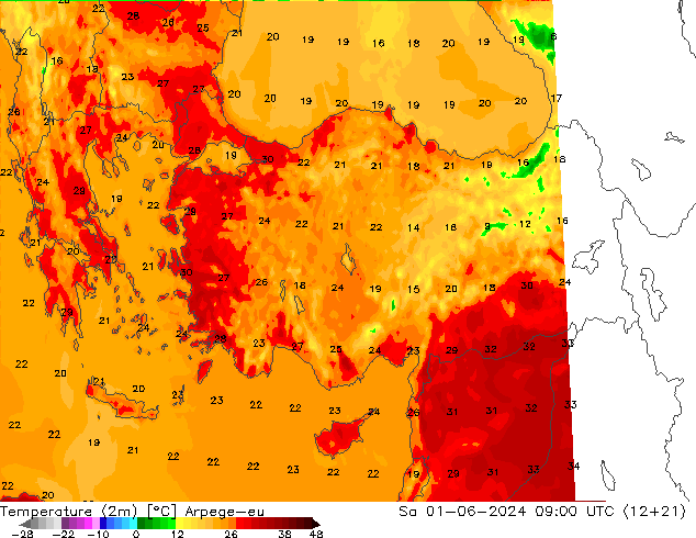 Temperature (2m) Arpege-eu Sa 01.06.2024 09 UTC