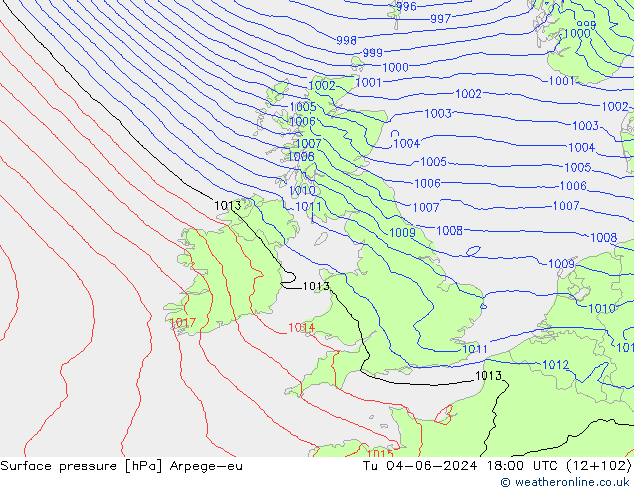 Surface pressure Arpege-eu Tu 04.06.2024 18 UTC