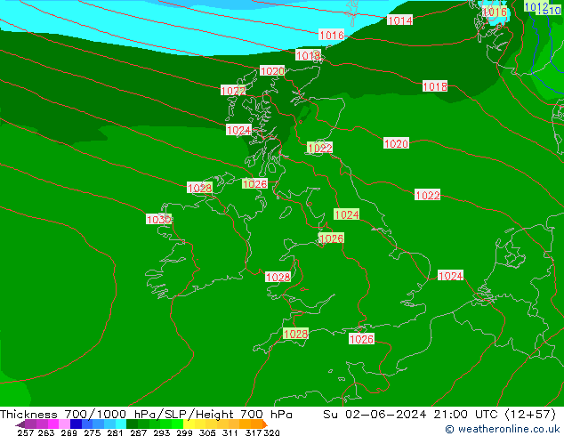 Thck 700-1000 гПа Arpege-eu Вс 02.06.2024 21 UTC