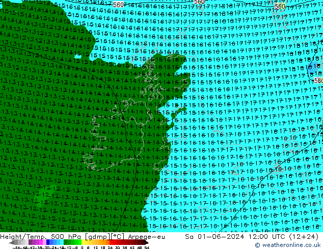 Height/Temp. 500 гПа Arpege-eu сб 01.06.2024 12 UTC