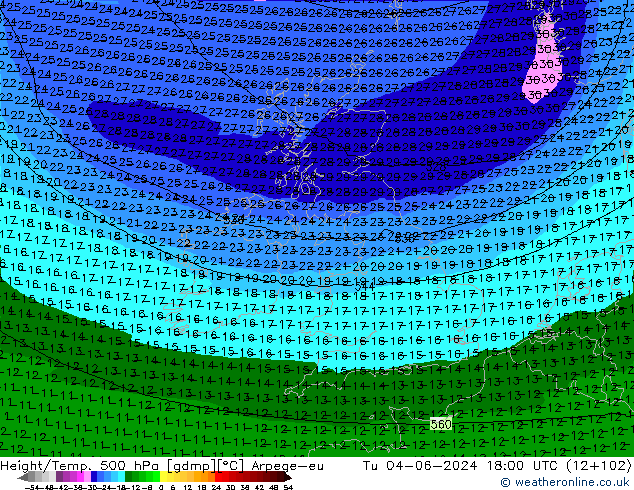 Geop./Temp. 500 hPa Arpege-eu mar 04.06.2024 18 UTC