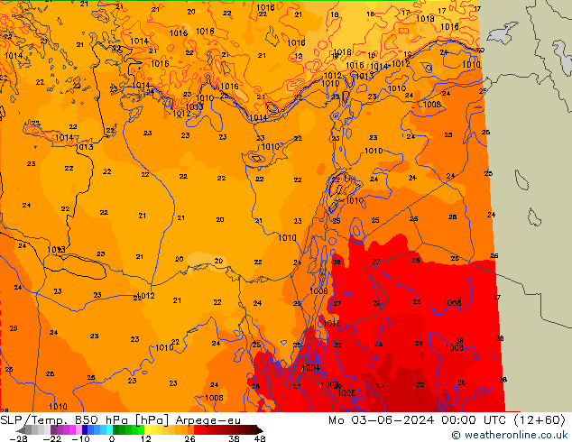 SLP/Temp. 850 hPa Arpege-eu pon. 03.06.2024 00 UTC