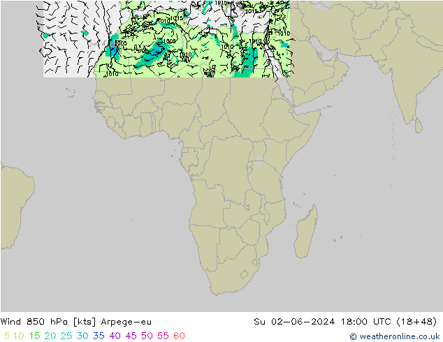 Wind 850 hPa Arpege-eu Su 02.06.2024 18 UTC