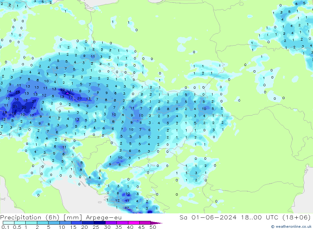 Precipitation (6h) Arpege-eu Sa 01.06.2024 00 UTC