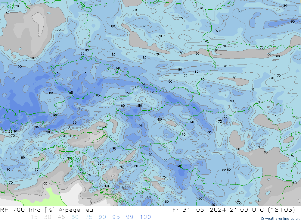 RH 700 hPa Arpege-eu Fr 31.05.2024 21 UTC