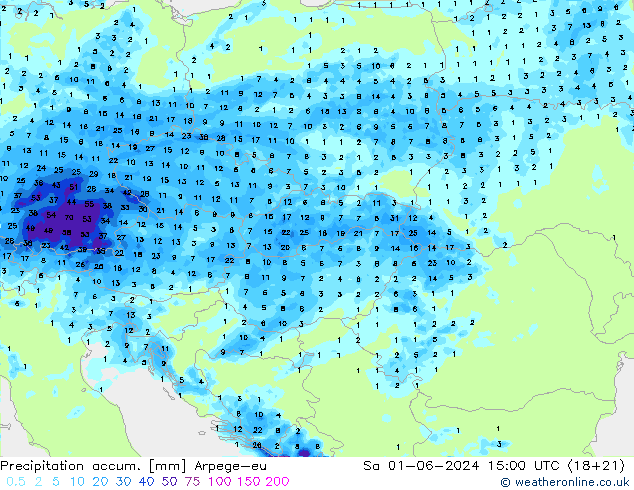 Totale neerslag Arpege-eu za 01.06.2024 15 UTC