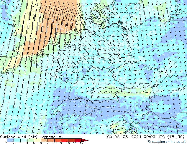 Wind 10 m (bft) Arpege-eu zo 02.06.2024 00 UTC