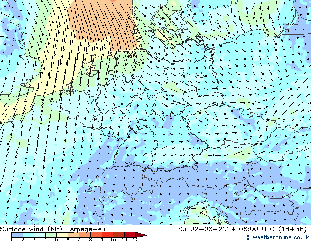 Surface wind (bft) Arpege-eu Su 02.06.2024 06 UTC