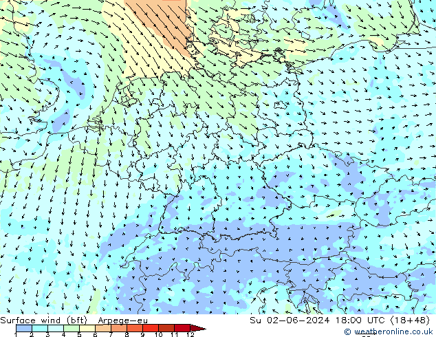 Wind 10 m (bft) Arpege-eu zo 02.06.2024 18 UTC