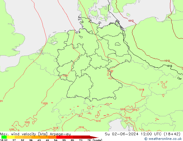 Max. wind snelheid Arpege-eu zo 02.06.2024 12 UTC