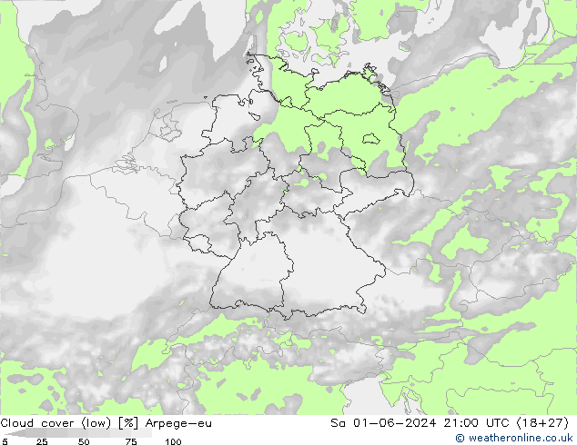 Cloud cover (low) Arpege-eu Sa 01.06.2024 21 UTC
