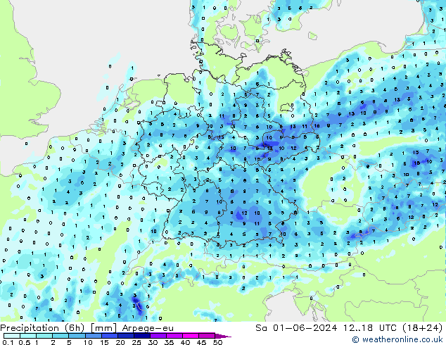Precipitazione (6h) Arpege-eu sab 01.06.2024 18 UTC
