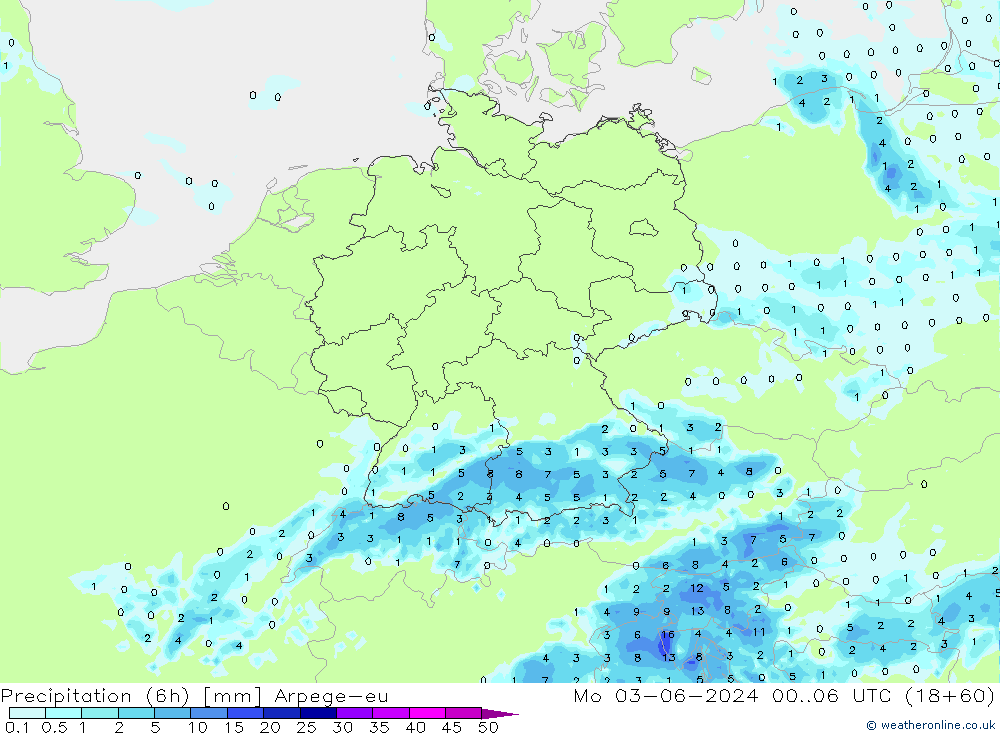 Totale neerslag (6h) Arpege-eu ma 03.06.2024 06 UTC