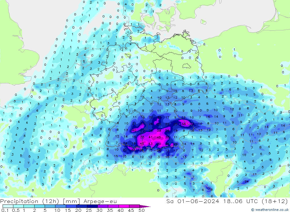 降水量 (12h) Arpege-eu 星期六 01.06.2024 06 UTC