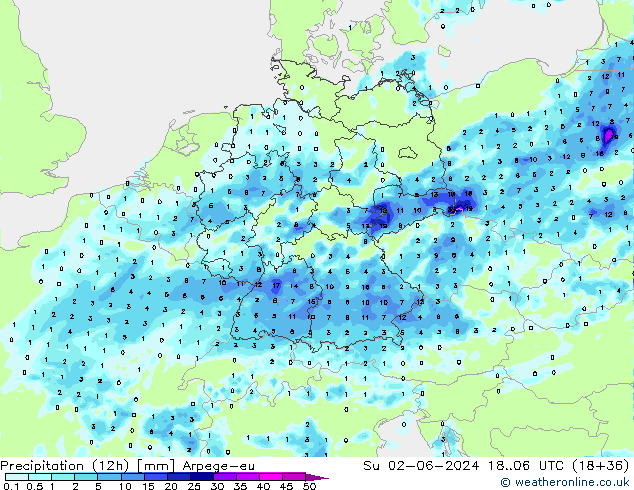 Yağış (12h) Arpege-eu Paz 02.06.2024 06 UTC