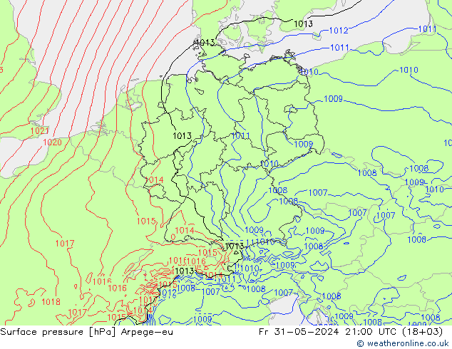 地面气压 Arpege-eu 星期五 31.05.2024 21 UTC