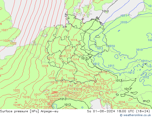 Presión superficial Arpege-eu sáb 01.06.2024 18 UTC