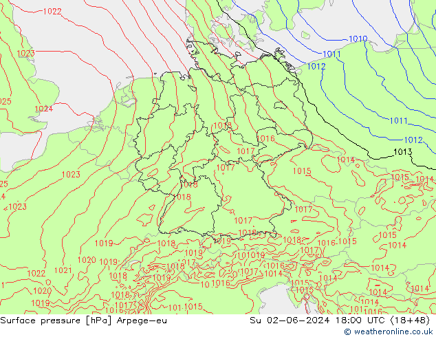 Presión superficial Arpege-eu dom 02.06.2024 18 UTC