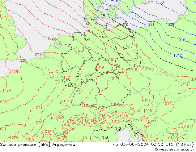 Surface pressure Arpege-eu Mo 03.06.2024 03 UTC