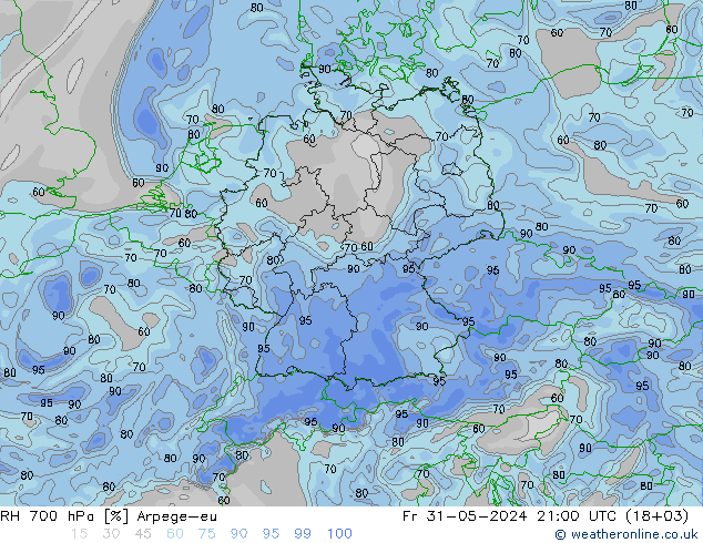 RH 700 hPa Arpege-eu Fr 31.05.2024 21 UTC