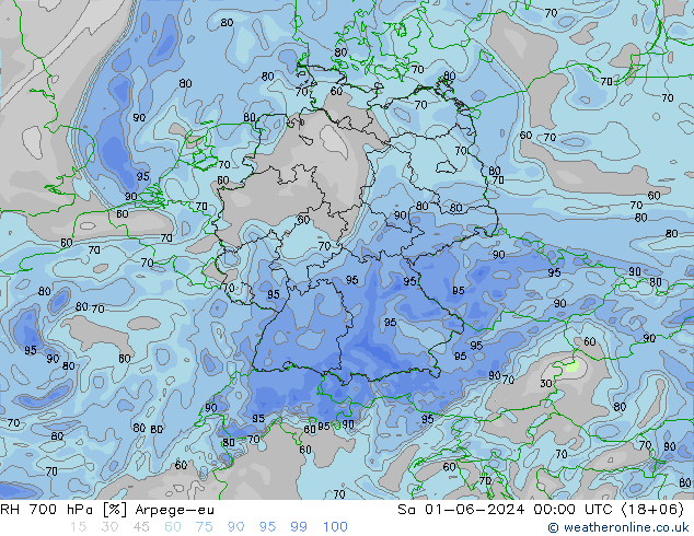 RH 700 hPa Arpege-eu Sa 01.06.2024 00 UTC