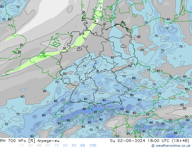 RH 700 hPa Arpege-eu Su 02.06.2024 18 UTC