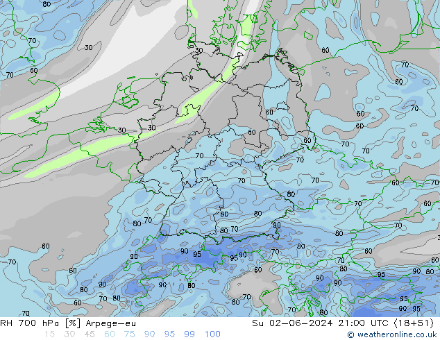 RH 700 hPa Arpege-eu Su 02.06.2024 21 UTC