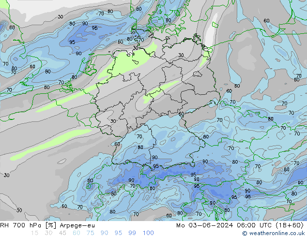 RH 700 hPa Arpege-eu Po 03.06.2024 06 UTC