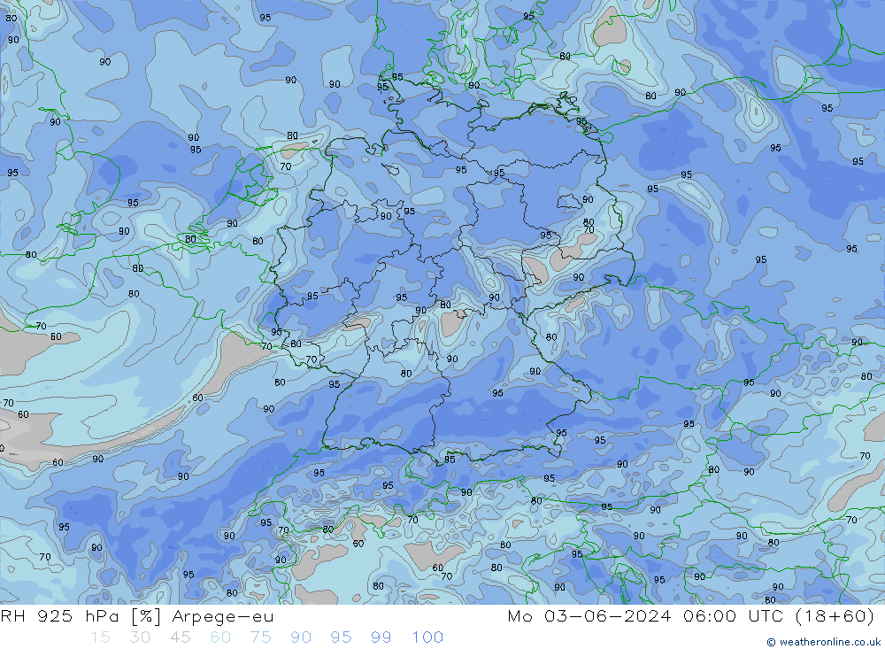 RH 925 hPa Arpege-eu Mo 03.06.2024 06 UTC