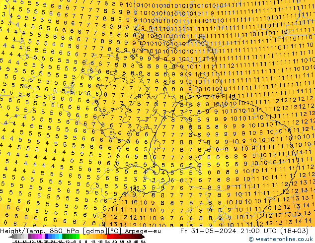 Height/Temp. 850 hPa Arpege-eu 星期五 31.05.2024 21 UTC