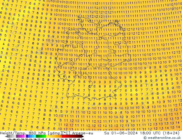 Height/Temp. 850 гПа Arpege-eu сб 01.06.2024 18 UTC