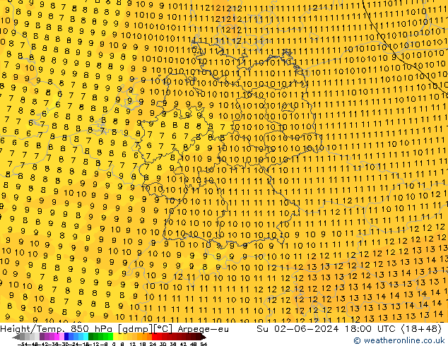 Yükseklik/Sıc. 850 hPa Arpege-eu Paz 02.06.2024 18 UTC