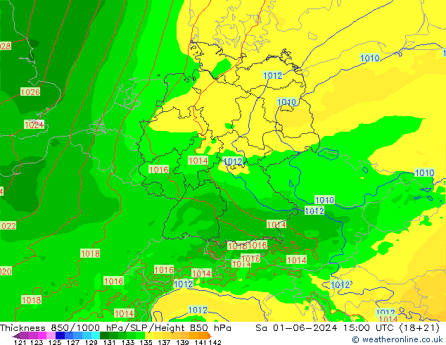 Schichtdicke 850-1000 hPa Arpege-eu Sa 01.06.2024 15 UTC