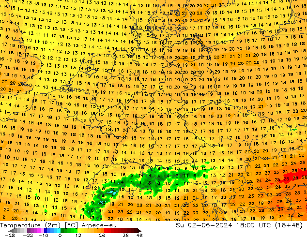 mapa temperatury (2m) Arpege-eu nie. 02.06.2024 18 UTC