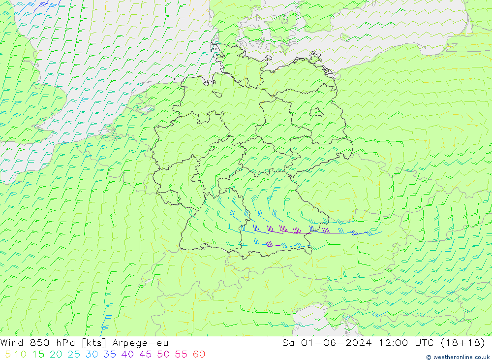 ветер 850 гПа Arpege-eu сб 01.06.2024 12 UTC