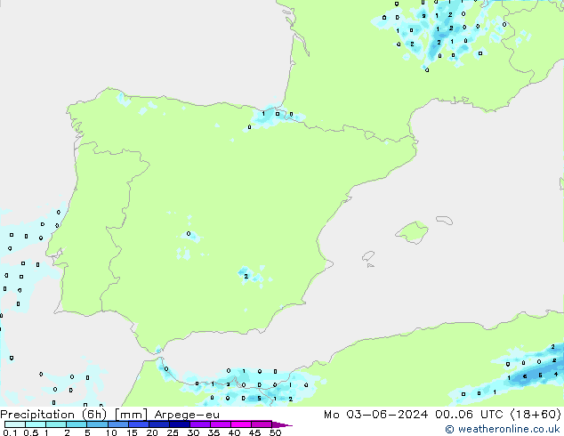 Precipitation (6h) Arpege-eu Mo 03.06.2024 06 UTC