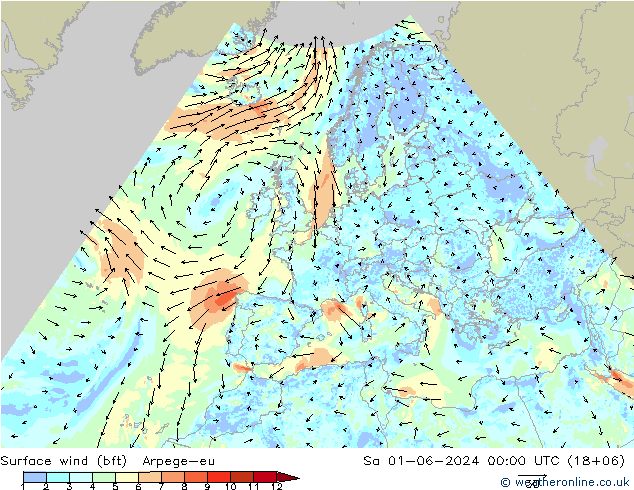 Surface wind (bft) Arpege-eu Sa 01.06.2024 00 UTC