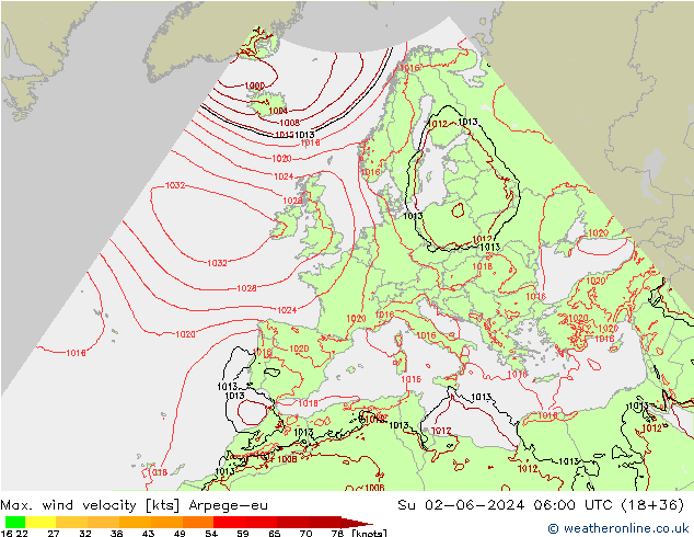 Max. wind velocity Arpege-eu dom 02.06.2024 06 UTC