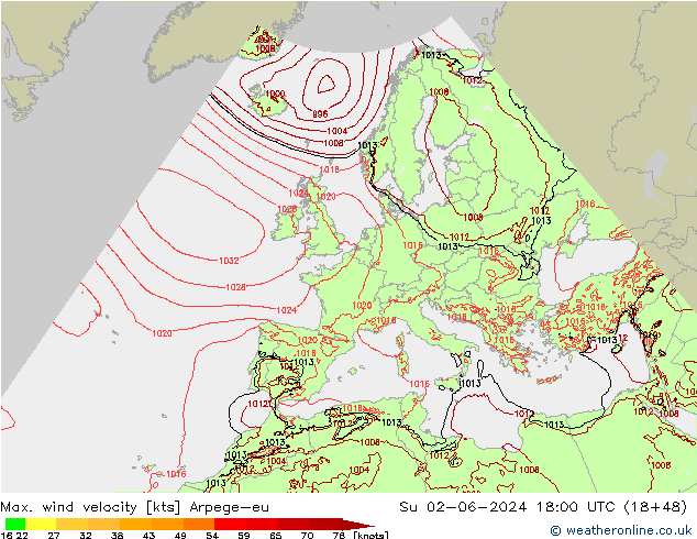 Max. wind velocity Arpege-eu dom 02.06.2024 18 UTC