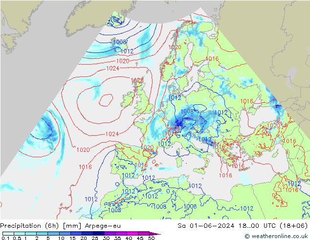 Totale neerslag (6h) Arpege-eu za 01.06.2024 00 UTC