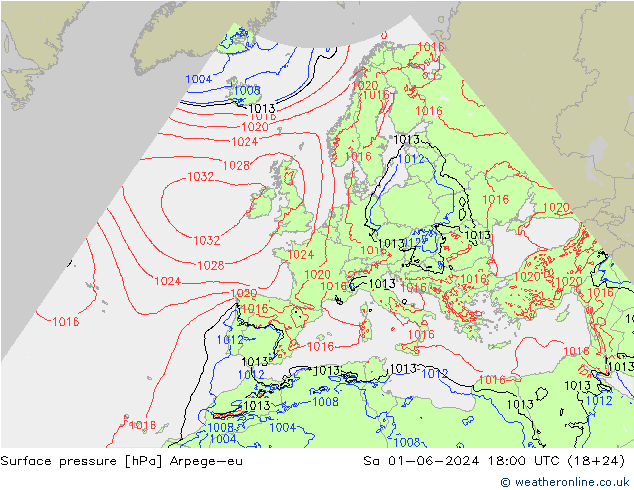 Pressione al suolo Arpege-eu sab 01.06.2024 18 UTC