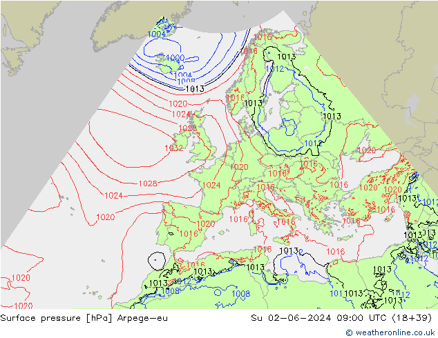 Presión superficial Arpege-eu dom 02.06.2024 09 UTC