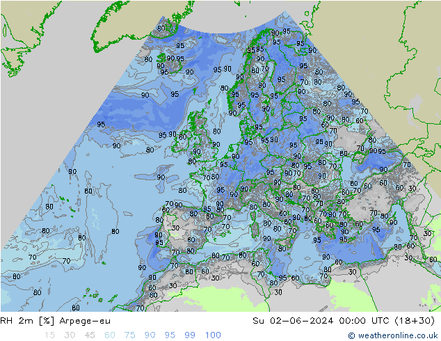 RH 2m Arpege-eu Вс 02.06.2024 00 UTC