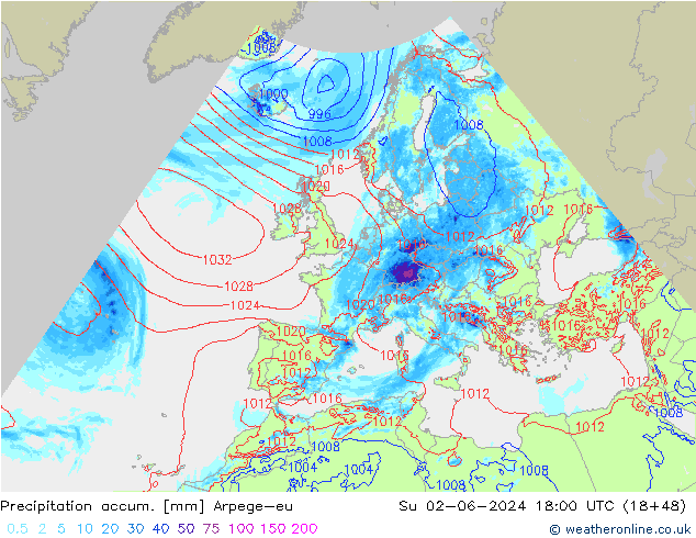 Précipitation accum. Arpege-eu dim 02.06.2024 18 UTC