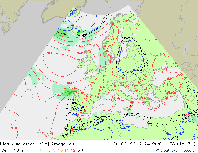 High wind areas Arpege-eu Su 02.06.2024 00 UTC
