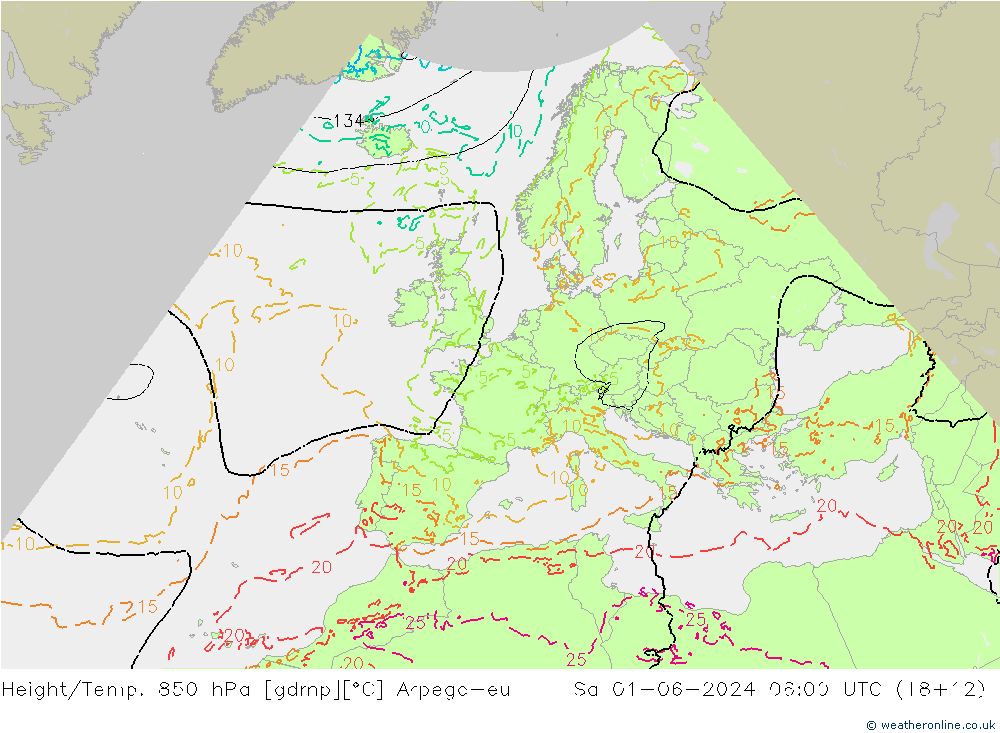 Geop./Temp. 850 hPa Arpege-eu sáb 01.06.2024 06 UTC