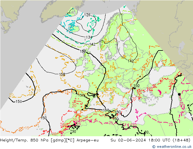 Height/Temp. 850 hPa Arpege-eu Su 02.06.2024 18 UTC